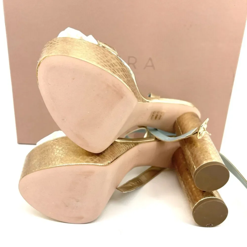 Aera Bianca Platform Block Heel Sandal Gold Python-Effect 8.5 Dust Bag/Box $395
